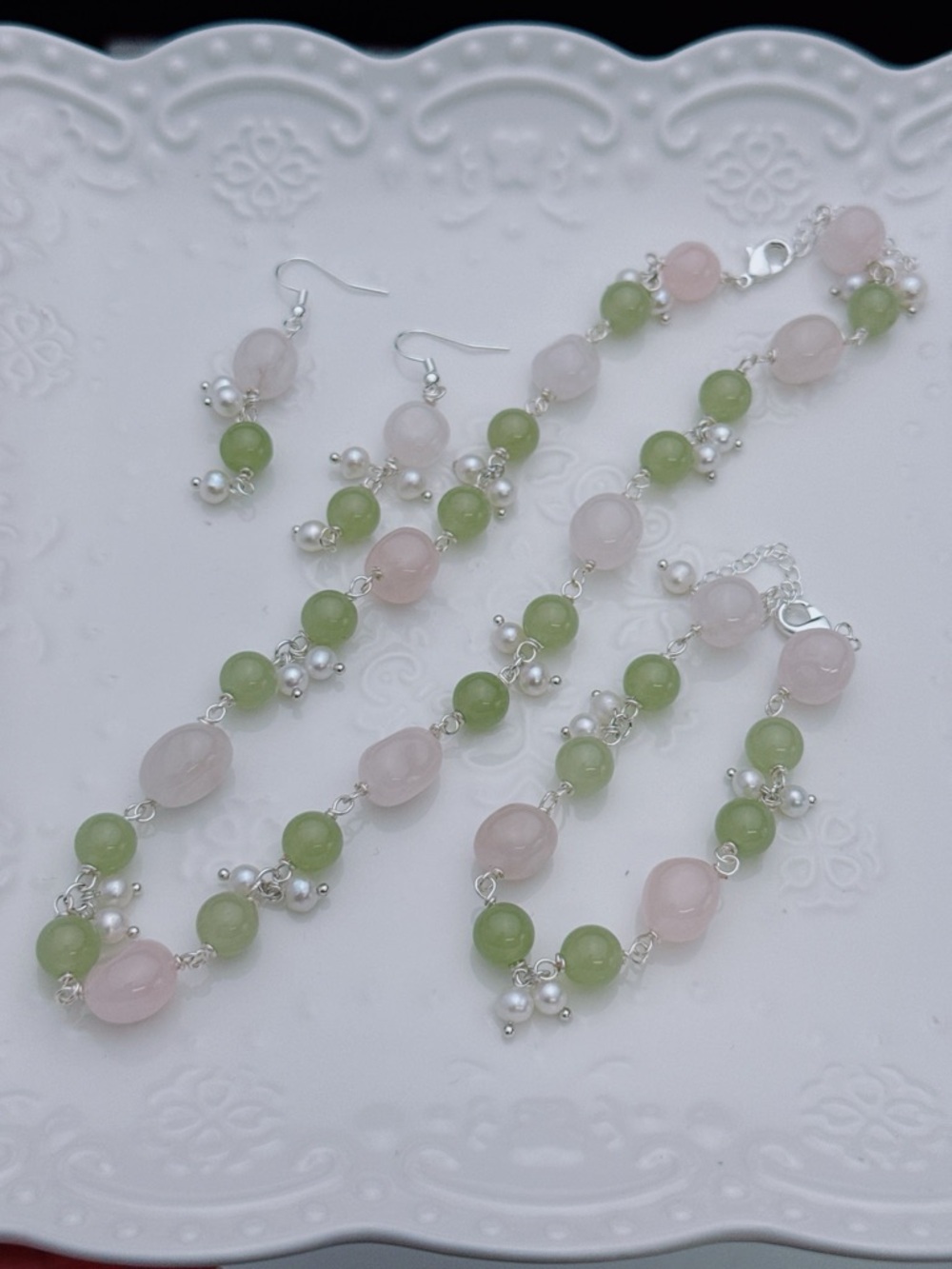 26X301 Handmade Freshwater Pearl Rose Quartz Jade Necklace Bracelet Earrings Set